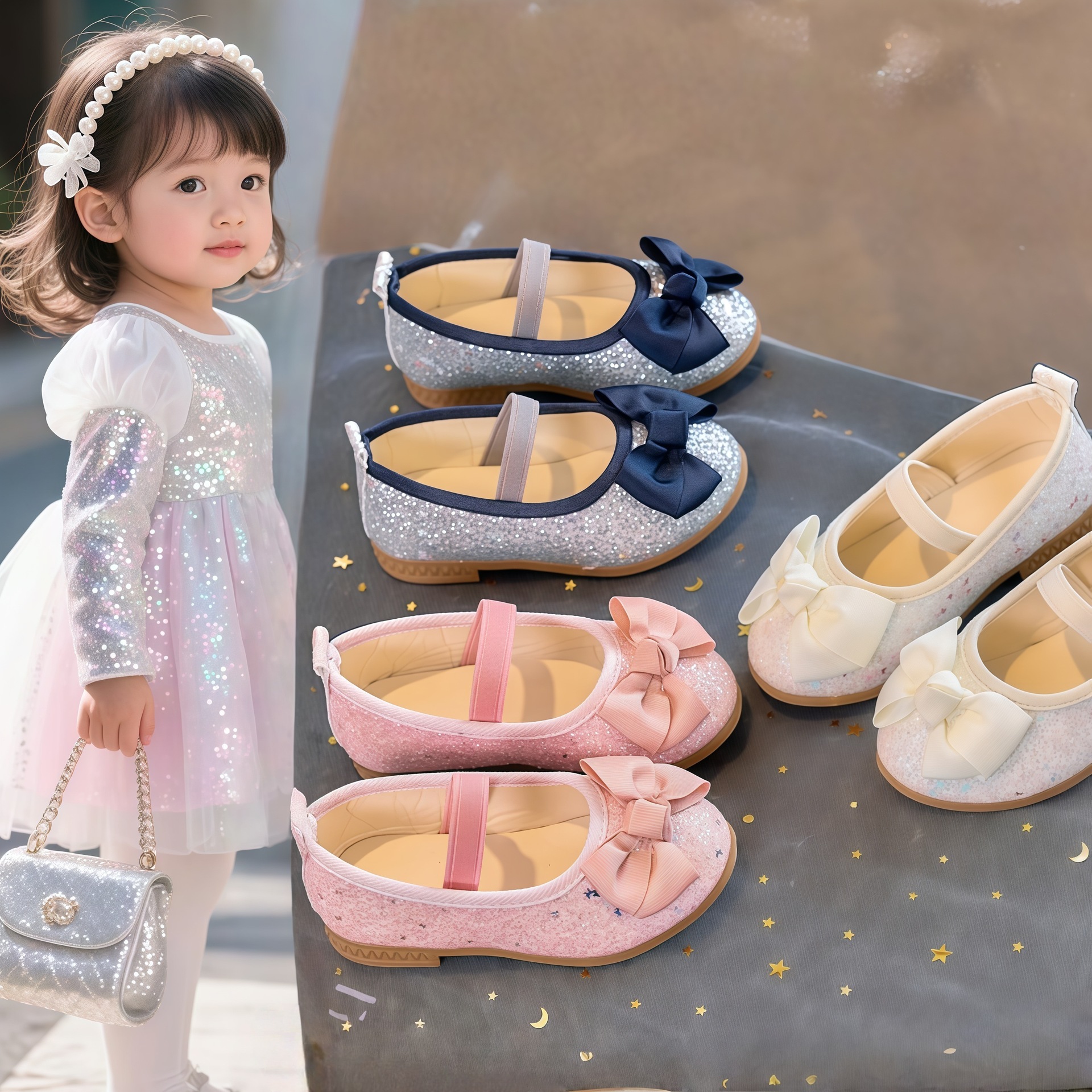 Zapatos individuales de lentejuelas para niñas 2025 primavera y otoño niña boca baja bowknot zapatos de princesa transpirables estudiantes shows zapatos de guisantes