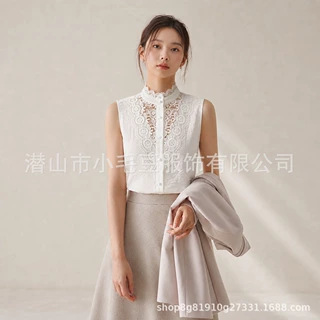 欧美时尚新款女装蕾丝拼接立领无袖小背心单排扣通勤内搭背心上衣