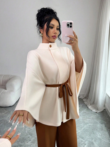 European and American style 2026 new women's clothing, versatile stand-up collar, bell sleeves, waist tie, short woolen jacket