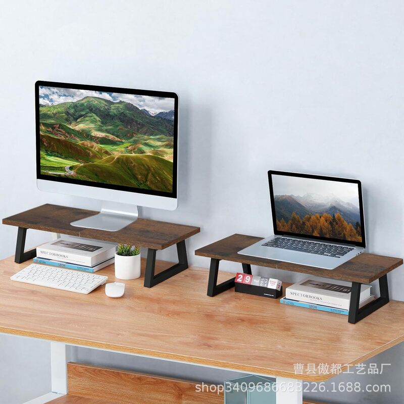 Country Iron Frame Wooden Computer Monitor Stand Laptop Printer Stand Desk Riser Storage