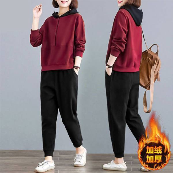 2025秋冬新款大码女装加绒加厚休闲居家外穿运动服长袖卫衣两件套|undefined