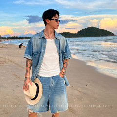 OXFREAK「Seaside Midsummer」ホワイトウォッシュブルーデニム半袖シャツメンズルーズシルエットシャツ