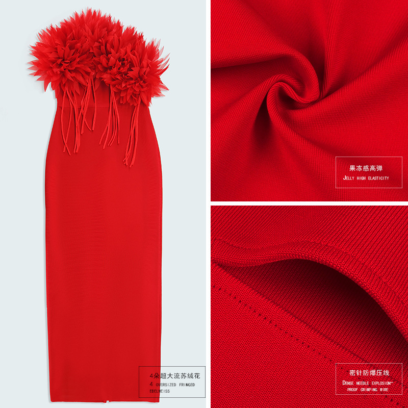 Comercio exterior transfronterizo ropa de mujer nuevo estilo estilo europeo y americano moda ropa de mujer flores grandes rojo de gama alta gran nombre vendaje vestido largo