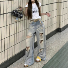 美式高街破洞牛仔裤女夏季薄款超火水洗做旧高腰垂感宽松阔腿裤子