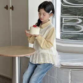 女童2026春装新款大童韩系花边针织马甲三件套洋气小女孩牛仔裤子