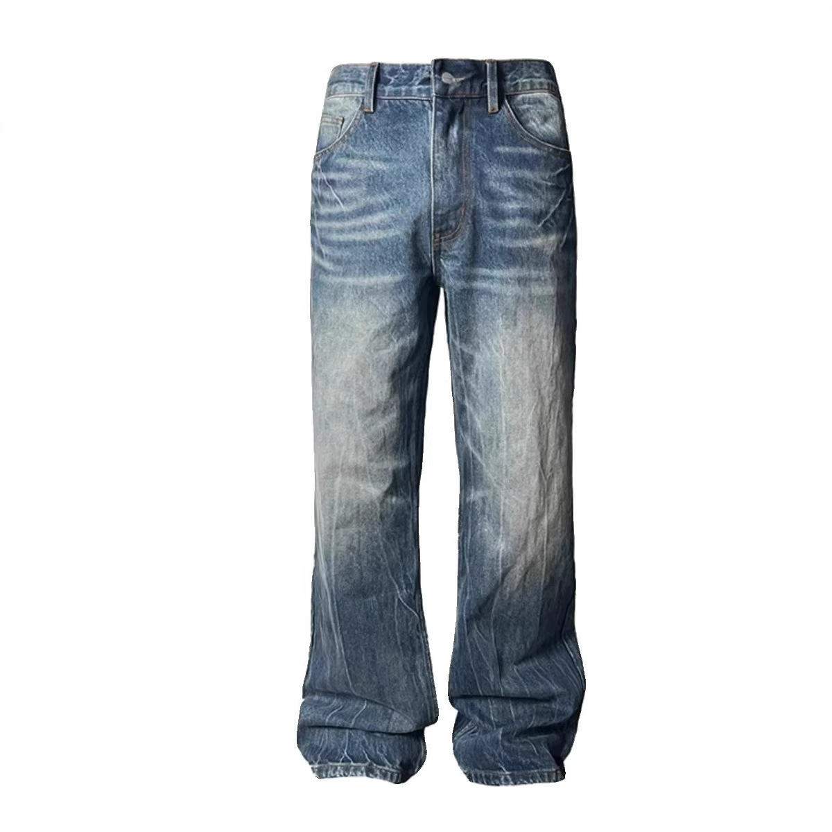 Vintage Washed Lightning Bolt Jeans | Distressed Streetwear Denim Pants | Straight-Leg Retro Fit For Men & Teens_voghion.com