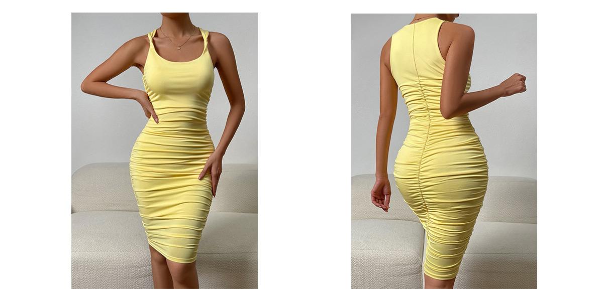 Robe ChicShe sans manches froncée, style européen et américain, moulante, décolletée, manches mi-longues et courtes._voghion.com