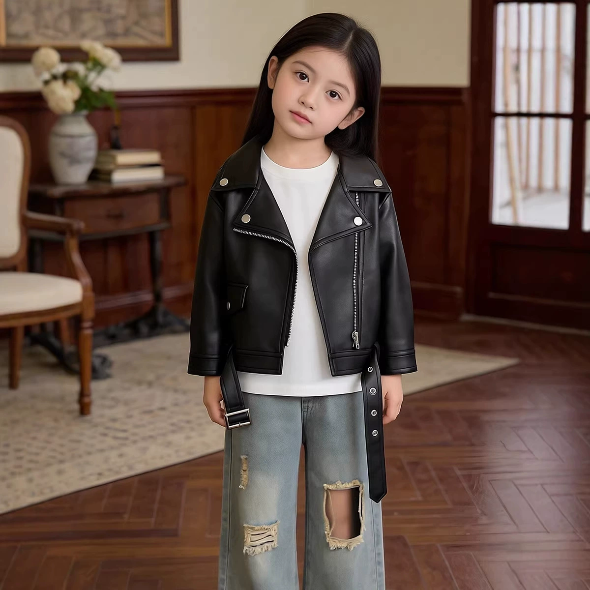 Детская кожаная куртка MDD, новинка весны-осени 2024, стильная мотоциклетная куртка для мальчиков и девочек, с большим воротником и молнией
