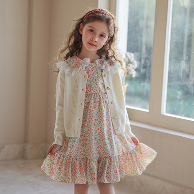 2022 Spring new pattern girl Broken flowers Dress suit knitting Cardigan coat Korean Edition CUHK skirt suit