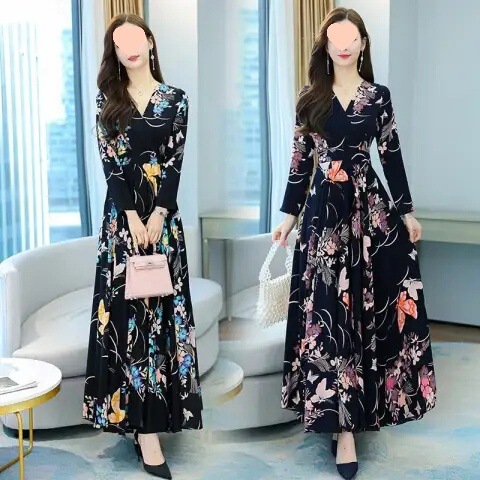 Spring and autumn long-sleeved women's dress V-neck printed slimming fashionable temperament middle-aged and old mother women's dress