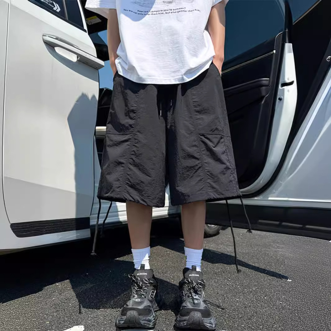 Yamamoto Style Ice Silk 7 Cropped Overalls Men's Summer Thin Cool Wide-leg Loose Quick-drying Casual Cropped Shorts