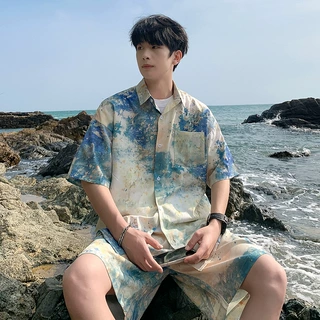 夏威夷沙滩衬衫男夏季薄款冰丝短袖花衬衣海边度假休闲套装两件套