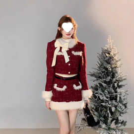 2025冬季小香风红色圣诞套装女新年战袍拼接加厚短款外套半身短裙