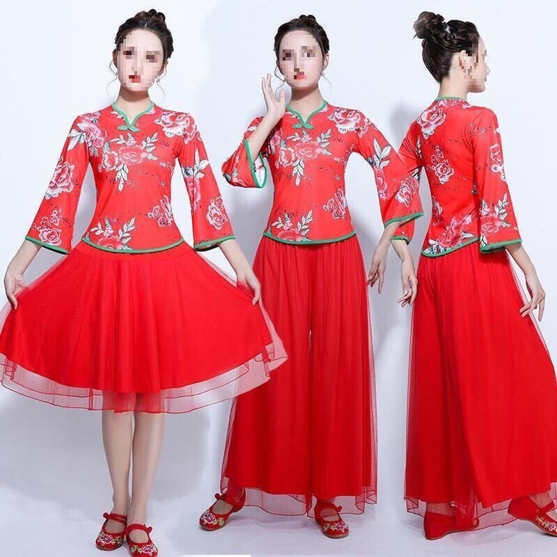 广场舞服装女春秋新款舞蹈服牛奶丝跳舞演出表演服扇子舞团体套装