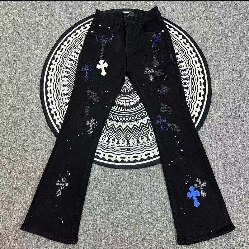 Influencer-Style Light Luxury Black Flared Jeans with Cross Patchwork, American-Style High Street Versatile Trendy Long Pants Influencer-Style Light Luxury Black Flared Jeans with Cross Patchwork, American-Style High Street Versatile Trendy Long Pants