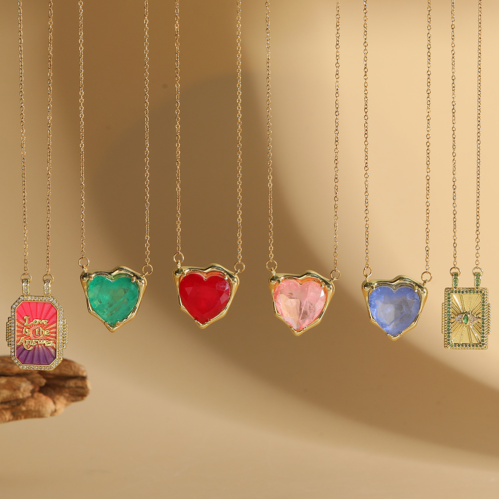 10g Weight Copper Pendant Material Wholesale Jewelry Simple Style Heart Shape Copper Zircon Enamel Inlay Necklace
