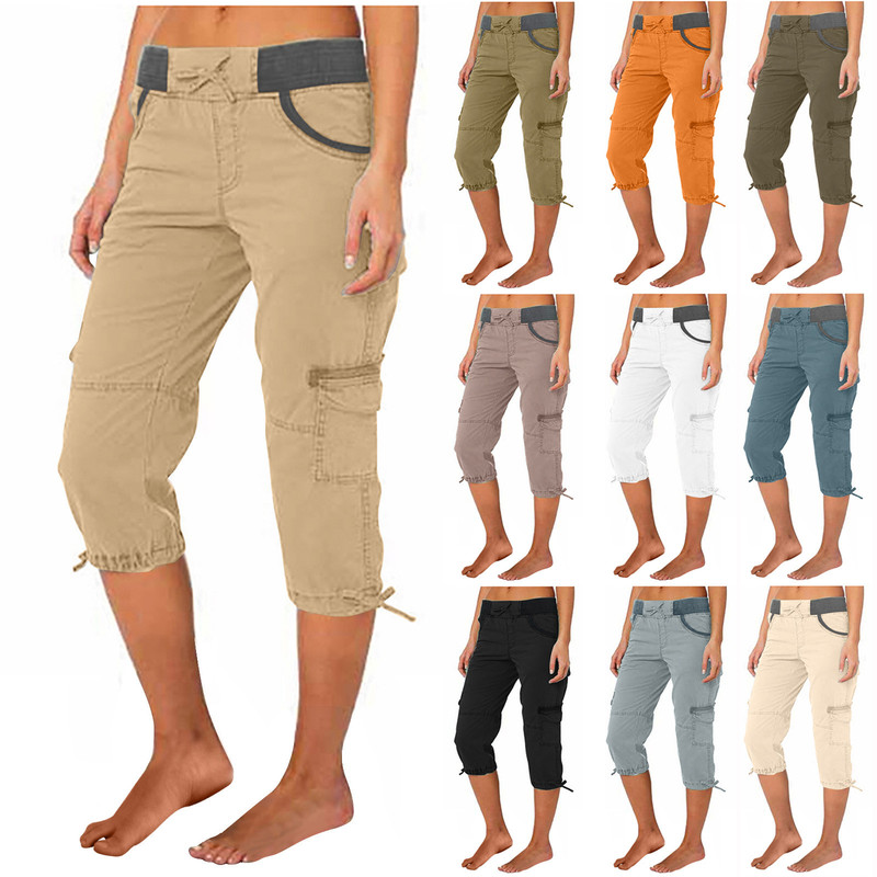 Women's high waist drawstring pocket overalls A- line loose wide leg retractable pants casual pants 7 pants
