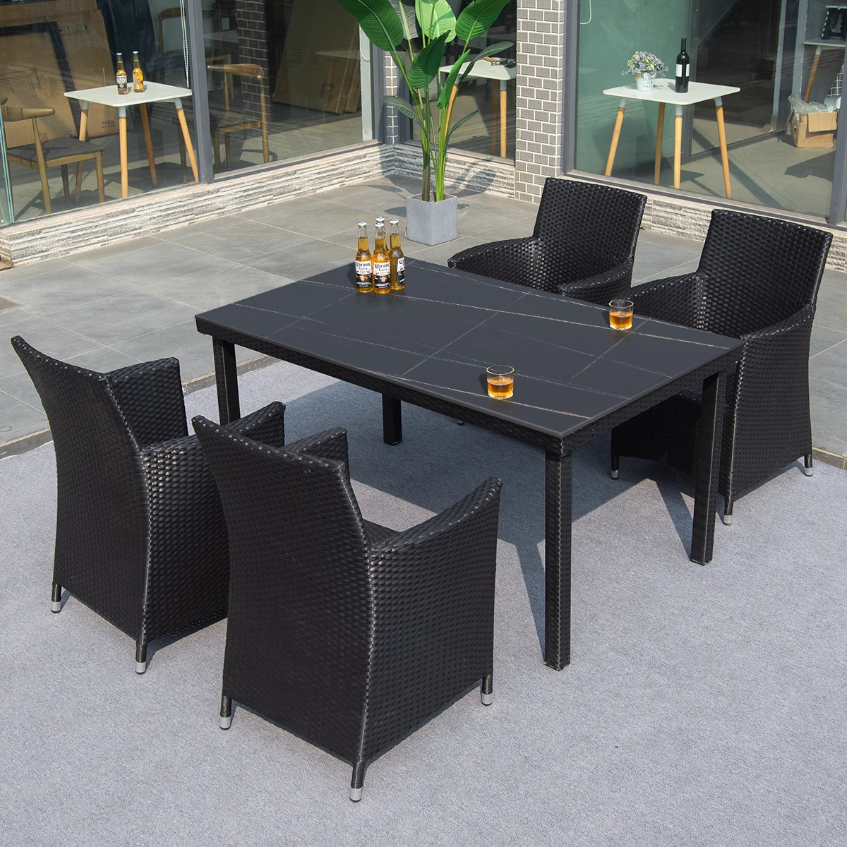Mesas y sillas al aire libre, patio, combinación de sillas de ratán, terraza al aire libre, mesa de comedor comercial, silla, ocio, impermeable, protector solar