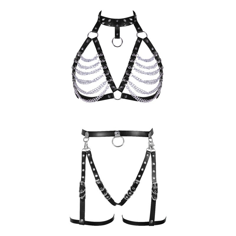 Cross-Border European and American Women's Sexy Leather Chain Underwear Trendy Sexy Bondage Suit Belt Integrated Suspenders