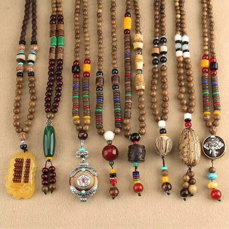 Ethnic Style Retro Long Wooden Sweater Chain Bodhi Pendant Wooden Bead Necklace Men and Women Cotton and Linen Pendant Accessories Wholesale