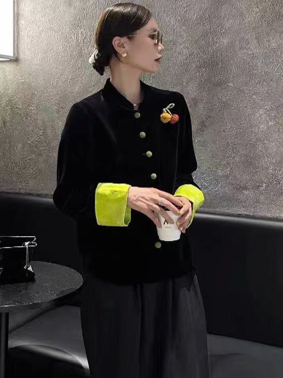 高品质2025早秋新款真丝丝绒南瓜外套撞色袖口新中式国风女装|undefined