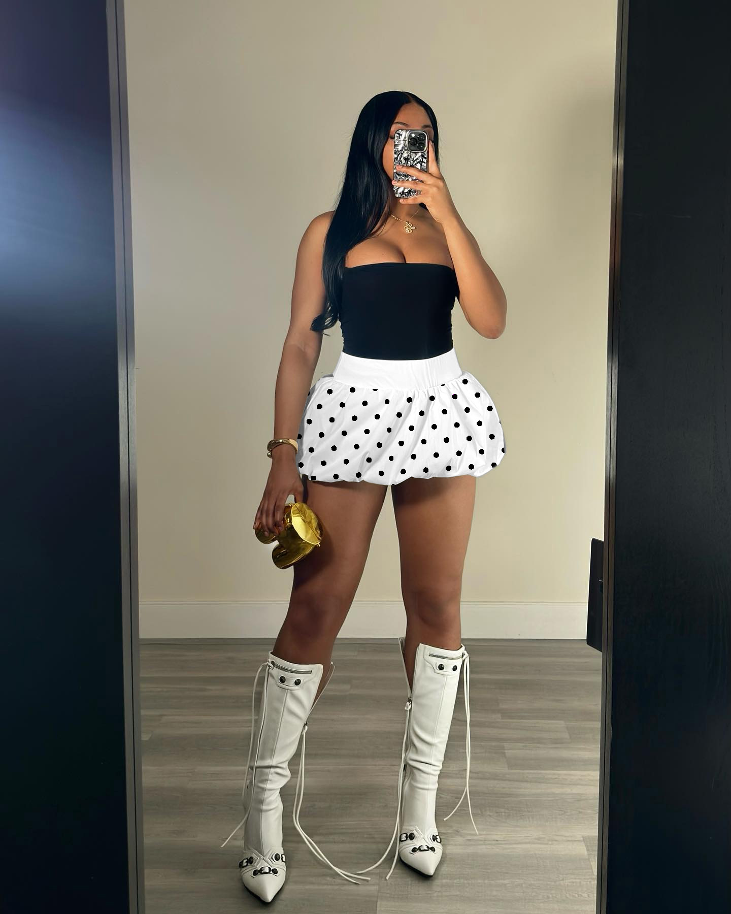 Retro Polka Dot Bubble Hem Skirt High Waist Flared Mini Skirt_voghion.com