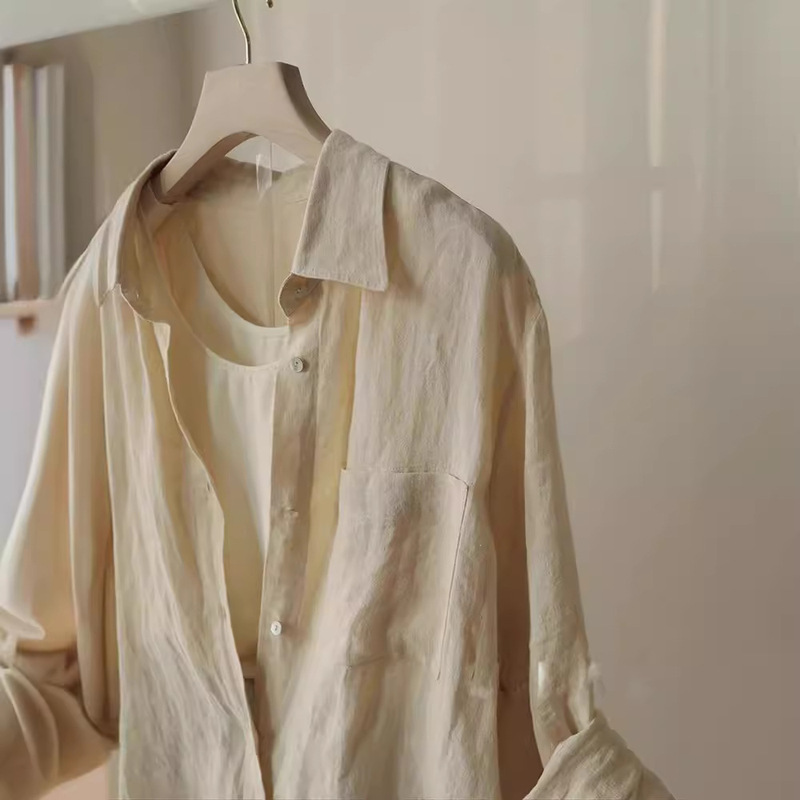 2693 Cream Biscuit Color Old Money Style Linen Shirt Women's Summer Breathable Simple Inner Wear Outer Wear Sunscreen Long Sleeve