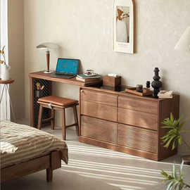 北美黑胡桃木书桌化妆台一体卧室电视柜实木斗柜梳妆桌轻奢转角柜