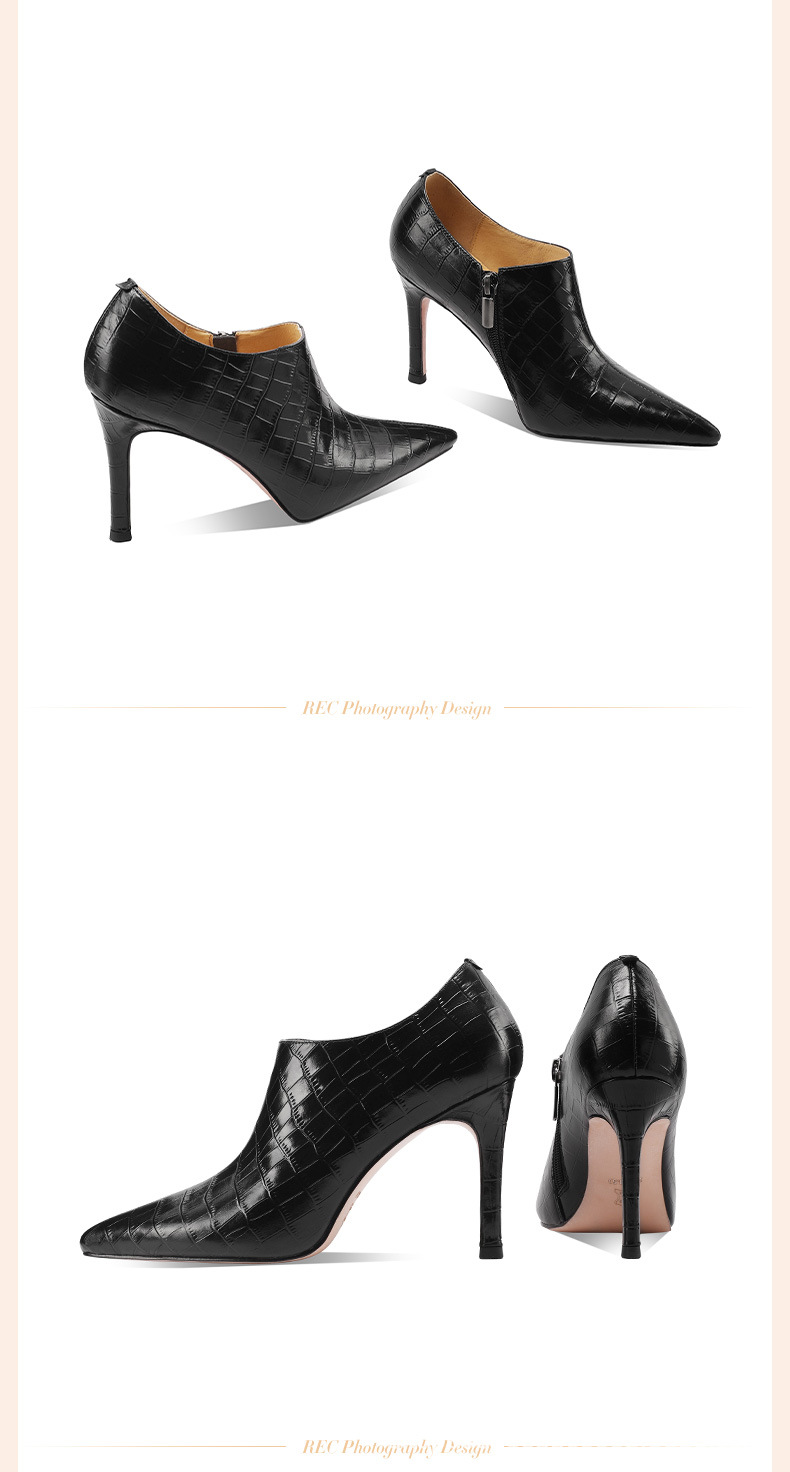 Boot nữ cổ thấp mũi nhọn da bò dập nổi, gót nhọn 5 cm, khóa kéo bên hông — Đen 5cm chi tiết 2