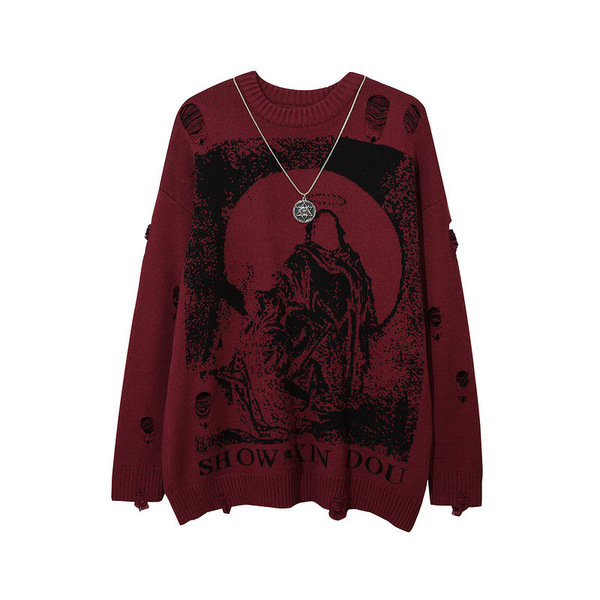 2024 Autumn and Winter Gothic Loose Long-sleeved Sweater Subculture Dark Crewneck Men's and Women's Couple's Sweater Punk Sweater