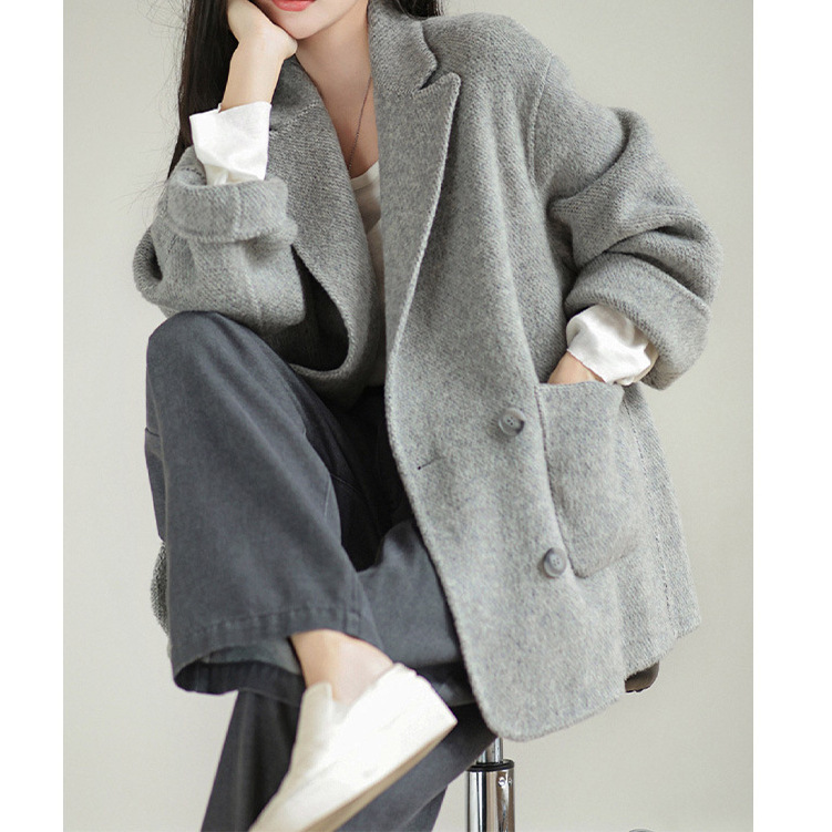 하이 엔드 센스 그레이 울 코트 여성용 하이 엔드 루즈한 세트 울 코트 우아한 여성용 양면 캐시미어