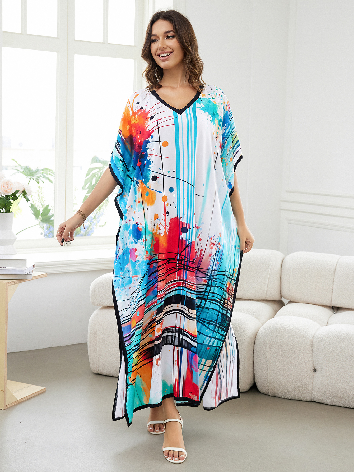 Rochie de plajă lungă kimono dama boho viscoză tie-dye_voghion.com