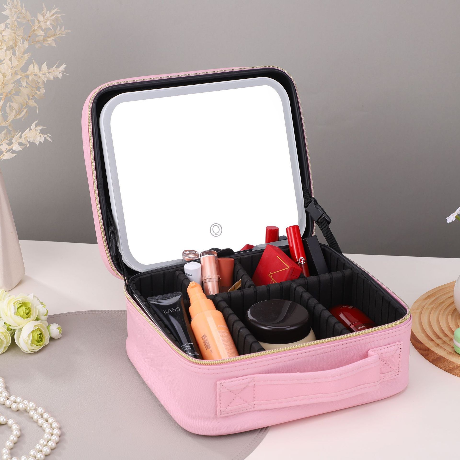 Nuevo tipo con lámpara led espejo de maquillaje bolsa de maquillaje de gran capacidad bolsa de maquillaje de viaje caja de maquillaje portátil
