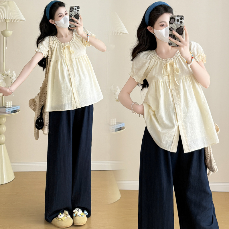 in stock 2025 New Summer Crochet Cotton Shirt for Pregnant Women Tencel Wide Leg Pants for Pregnant Women Denim