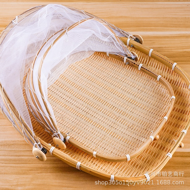 Bamboo woven products with mesh covers for household fly prevention, bamboo baskets for farmers, steamed bun baskets, fruit storage baskets, winnowing trays, and drying racks.