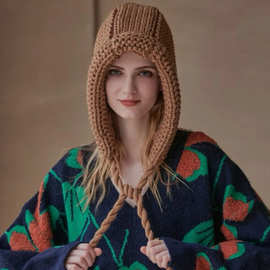 2024亚马逊新款女士包头帽手编秋冬保暖针织帽文艺复古毛线帽子