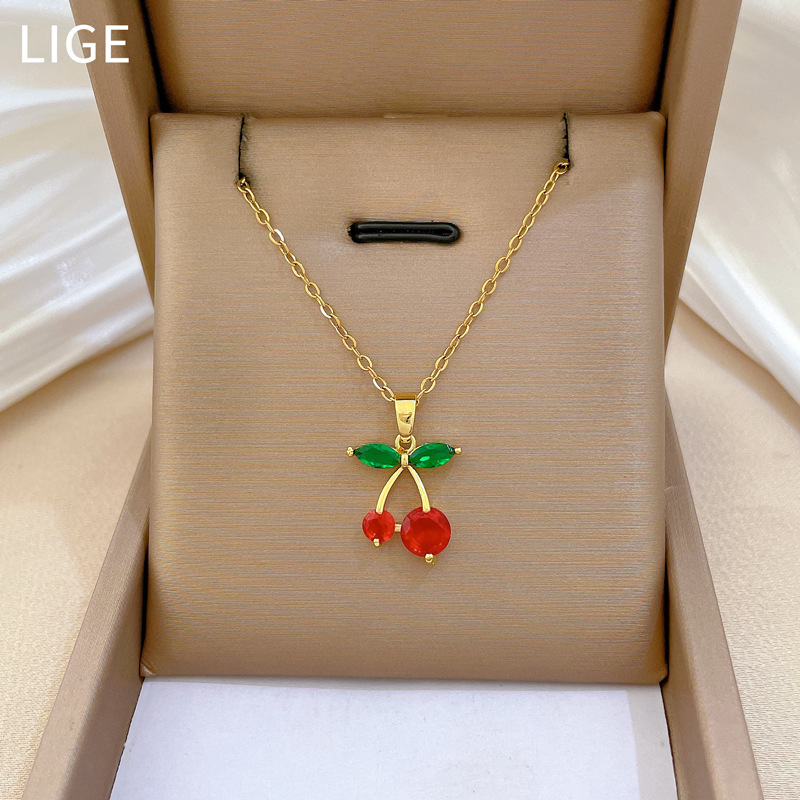 Red Cherry Fruit Full Diamond Light Luxury Temperament Gorgeous Full Diamond Necklace Female Versatile Clavicle Chain Titanium Steel_voghion.com