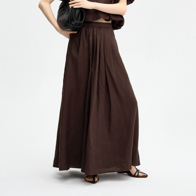 Light and Mature Commuter Style High-Waisted A-Line Long Skirt for Women, New Summer Model, Brown, Loose Fit, Slimming, Drapey, Comfortable Half Skirt