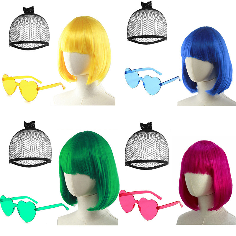 Colorful Bob Wig, Cosplay Wig and Party Wig, Rainbow Wig with Neon Glasses Wig