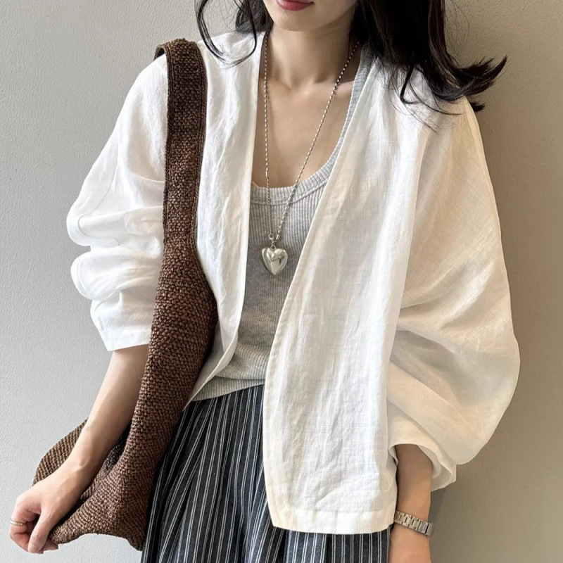Vintage Cotton White Shirt Coat Women's Summer Artistic Long-sleeved Cardigan Top Design Thin Loose Sunscreen Shirt