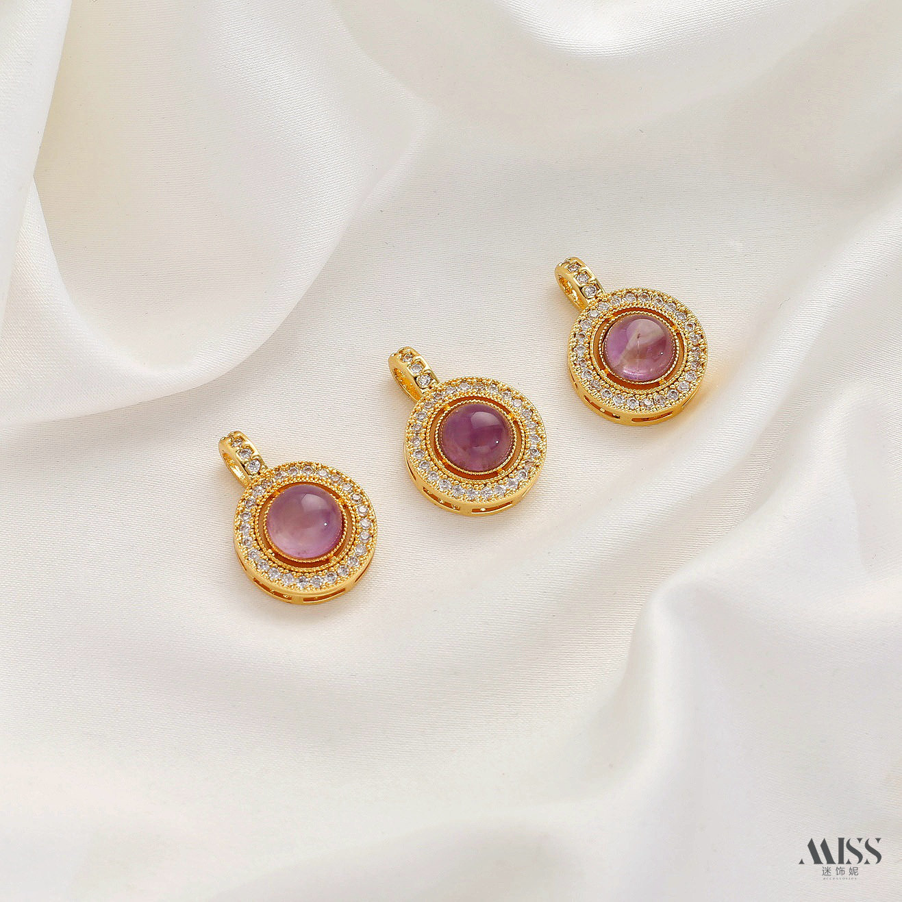Inlaid with natural amethyst, plated with real gold and thick silver, angel and osmanthus drop-shaped decorative bead pendant DIY jewelry accessories