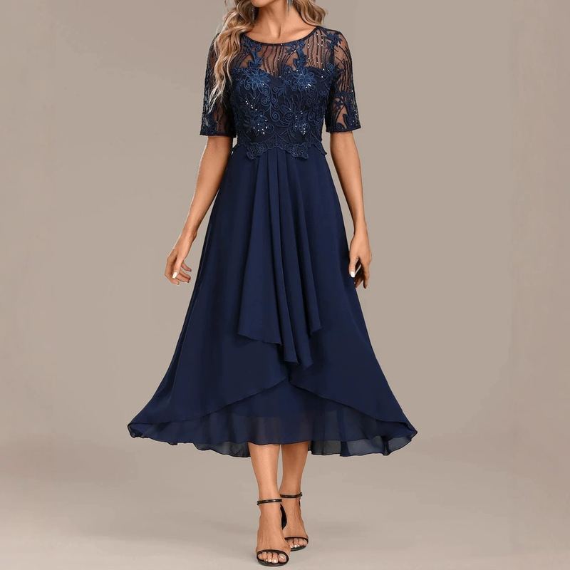 2025 European Cross-Border Amazon Dress Chiffon Splicing Lace Hollow Long Dress Bridesmaid Evening Dress Women's Clothing 2025 European Cross-Border Amazon Dress Chiffon Splicing Lace Hollow Long Dress Bridesmaid Evening Dress Women's Clothing