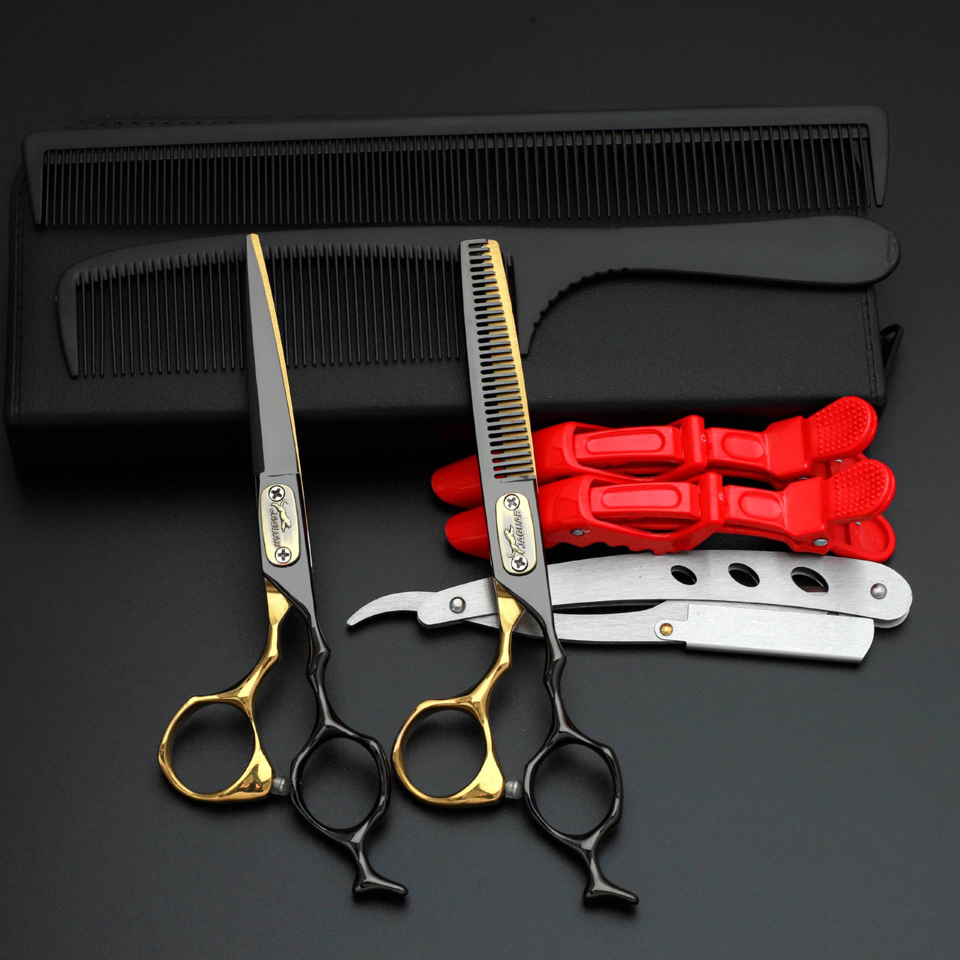 Tijeras de peluquería de alta calidad transfronterizas de oro negro tijeras de corte de pelo profesional tijeras de dientes sin marcas tijeras de corte de pelo peluquería cabello roto