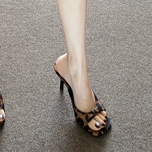 Sexy Leopard Print High-Heeled Slippers Square-Toe High-Heeled Sandals 2025 New Style One-Line Thick-Heeled High-Heeled Shoes for Women's Summer Outer Wear