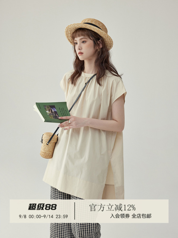 「北岛AMUU」日系复古简约无袖圆领慵懒风衬衫女夏季宽松褶皱小衫|undefined