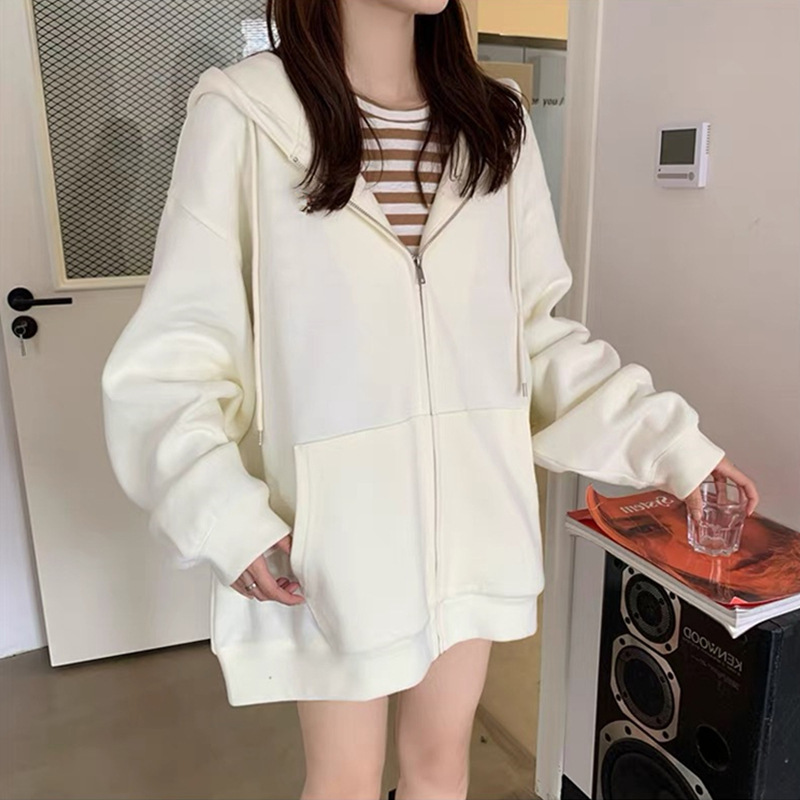 早秋新款黑色连帽卫衣女宽松慵懒风加绒开衫拉链上衣韩版冬季外套|undefined
