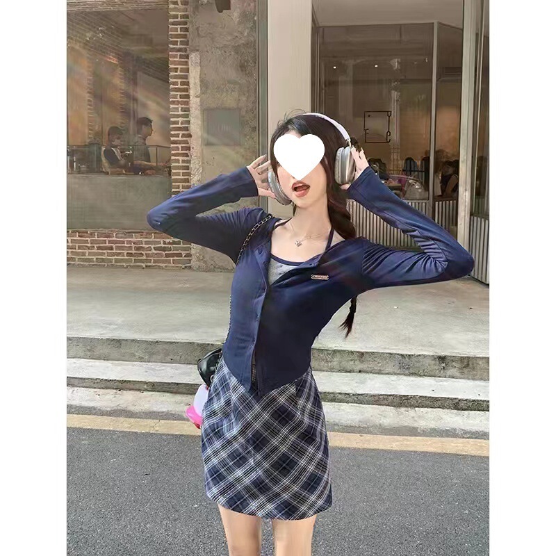假两件挂脖设计感纯欲长袖上衣格子半身长裙女秋季2025新款两件套|undefined