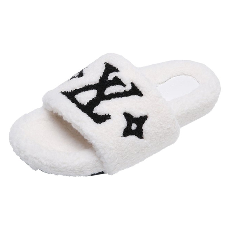 Estilo coreano 2024 de las mujeres de otoño e invierno bordado de lana de cordero interior Zapatillas de algodón para el hogar desgaste exterior cálido zapatillas de lana de una sola palabra al por mayor