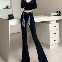 时尚西装微喇叭裤女秋新款黑色高腰显瘦紧身阔腿小黑裤配丝巾