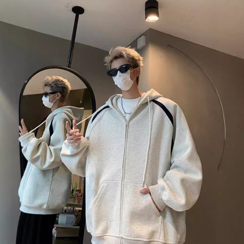 Contrast Cardigan Hooded Sweater Men's 2024 New Autumn American Heavy Jacket Youth Casual Sports Top